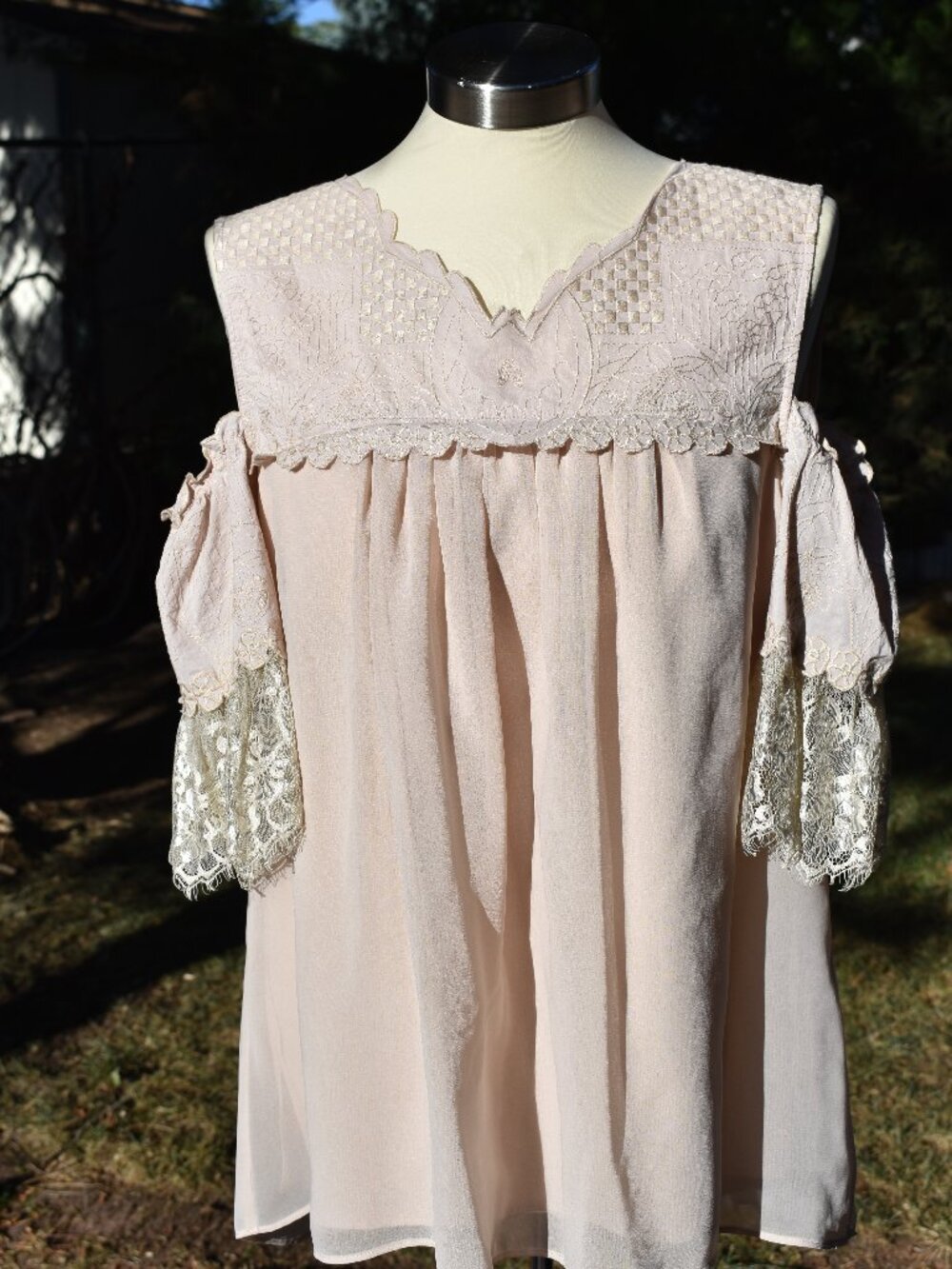 Elegant Blush Lace Cold-Shoulder Blouse